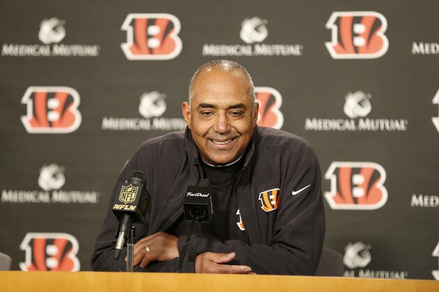 Cincinnati Bengals head coach Marvin Lewis speaks to the media during a news conference after an NFL football game against the Baltimore Ravens, Sunday, Jan. 3, 2016, in Cincinnati. Cincinnati won 24-16. (AP Photo/Gary Landers)