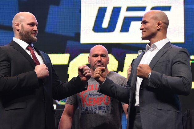 LAS VEGAS, NV - MARCH 04:  (L-R) Opponents Ben Rothwell and Junior dos Santos face off during the UFC Unstoppable launch press conference at the MGM Grand Garden Arena on March 4, 2016 in Las Vegas, Nevada. (Photo by Josh Hedges/Zuffa LLC/Zuffa LLC via Getty Images)