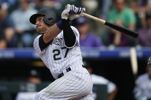 Colorado Rockies' Trevor Story follows the flight of his three-run home run off San Diego Padres starting pitcher Colin Rea in the fourth inning of a baseball game Friday, April 8, 2016, in Denver. (AP Photo/David Zalubowski)