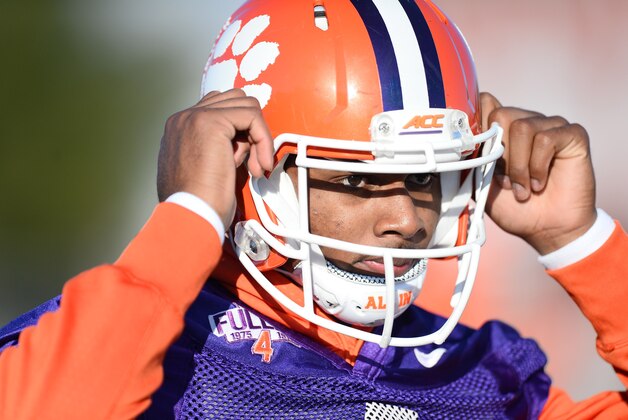 Jan 9, 2016; Scottsdale , AZ, USA; Clemson Tigers quarterback Deshaun Watson (4) puts on his helmet during practice at Scottsdale Community College. Mandatory Credit: Joe Camporeale-USA TODAY Sports