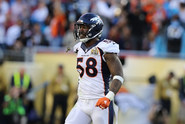 Denver Broncos’ Von Miller (58) celebrates against the Carolina Panthers during the NFL Super Bowl 50 football game Sunday, Feb. 7, 2016, in Santa Clara, Calif.  (AP Photo/Gregory Payan)