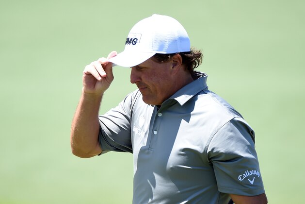 AUGUSTA, GEORGIA - APRIL 08:  Phil Mickelson of the United States reacts on the second green during the second round of the 2016 Masters Tournament at Augusta National Golf Club on April 8, 2016 in Augusta, Georgia.  (Photo by Harry How/Getty Images)