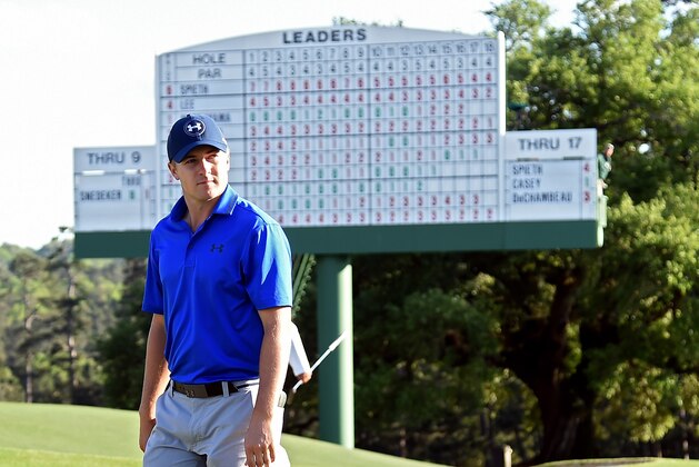 AUGUSTA, GEORGIA - APRIL 08:  Jordan Spieth of the United States reacts on the 18th hole during the second round of the 2016 Masters Tournament at Augusta National Golf Club on April 8, 2016 in Augusta, Georgia.  (Photo by Harry How/Getty Images)