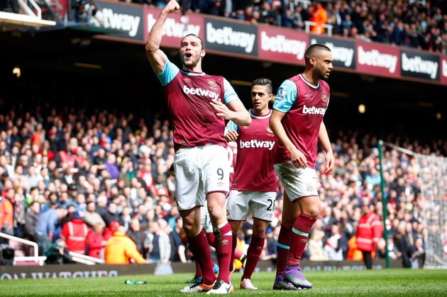 LONDON, UNITED KINGDOM - APRIL 09:  Andy Carroll (L) of West Ham United celebrates scoring his team's second goal during the Barclays Premier League match between West Ham United and Arsenal at the Boleyn Ground on April 9, 2016 in London, England.  (Photo by Julian Finney/Getty Images)