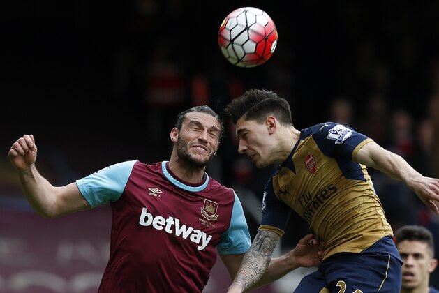 West Ham United's English striker Andy Carroll (L) vies in the air with Arsenal's Spanish defender Hector Bellerin during the English Premier League football match between West Ham United and Arsenal at The Boleyn Ground in Upton Park, in east London on April 9, 2016. / AFP / Ian Kington / RESTRICTED TO EDITORIAL USE. No use with unauthorized audio, video, data, fixture lists, club/league logos or 'live' services. Online in-match use limited to 75 images, no video emulation. No use in betting, games or single club/league/player publications.  /         (Photo credit should read IAN KINGTON/AFP/Getty Images)