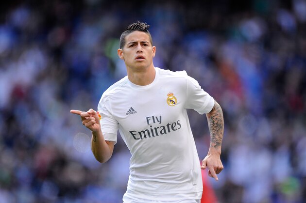 MADRID, SPAIN - APRIL 09:  James Rodriguez of Real Madrid celebrates scoring his sid's opening goal during the La Liga match between Real Madrid and Eibar at Estadio Santiago Bernabeu on April 9, 2016 in Madrid, Spain.  (Photo by Denis Doyle/Getty Images)