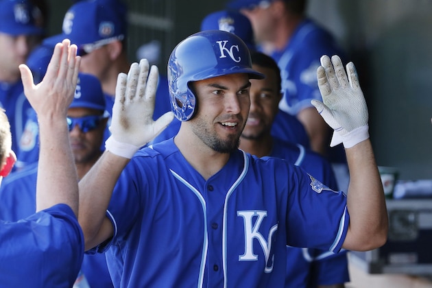 Kansas City Royals' Eric Hosmer celebrates his home run against the Milwaukee Brewers during the third inning of a spring training baseball game Wednesday, March 9, 2016, in Surprise, Ariz.  The Royals defeated the Brewers 7-5. (AP Photo/Ross D. Franklin)