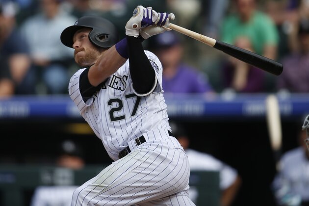 Colorado Rockies' Trevor Story follows the flight of his three-run home run off San Diego Padres starting pitcher Colin Rea in the fourth inning of a baseball game Friday, April 8, 2016, in Denver. (AP Photo/David Zalubowski)