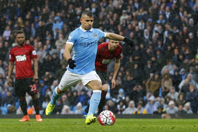 Manchester Citys Argentinian striker Sergio Aguero scores a goal during the English Premier League football match between Manchester City and West Bromwich Albion at the Etihad Stadium in Manchester, north west England, on April 9, 2016. / AFP / LINDSEY PARNABY / RESTRICTED TO EDITORIAL USE. No use with unauthorized audio, video, data, fixture lists, club/league logos or 'live' services. Online in-match use limited to 75 images, no video emulation. No use in betting, games or single club/league/player publications.  /         (Photo credit should read LINDSEY PARNABY/AFP/Getty Images)