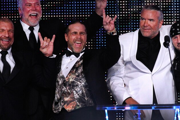 IMAGE DISTRIBUTED FOR WWE - From left to right, Paul Levesque aka Triple H, Kevin Nash, Michael Shawn Hickenbottom aka Shawn Michaels, 2014 inductee Scott Hall aka Razor Ramon, and Sean Waltman aka X-Pac, are seen at the WWE Hall of Fame Induction at the Smoothie King Center in New Orleans on Saturday, April 5, 2014. (Jonathan Bachman/AP Images for WWE)