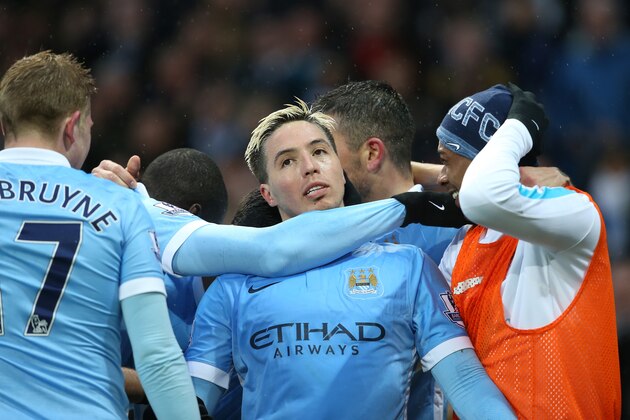 MANCHESTER, ENGLAND - APRIL 09:  Samir Nasri of Manchester City celebrates scoring his team's second goal with team mates during the Barclays Premier League match between Manchester City and West Bromwich Albion at the Etihad Stadium on April 9, 2016 in Manchester, England.  (Photo by Jan Kruger/Getty Images)
