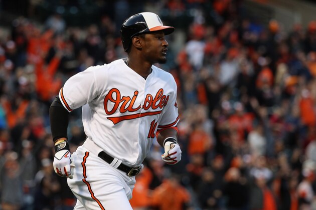BALTIMORE, MARYLAND - APRIL 04: Adam Jones #10 of the Baltimore Orioles runs out a hit against the Minnesota Twins at Oriole Park at Camden Yards on April 4, 2016 in Baltimore, Maryland.  (Photo by Rob Carr/Getty Images)