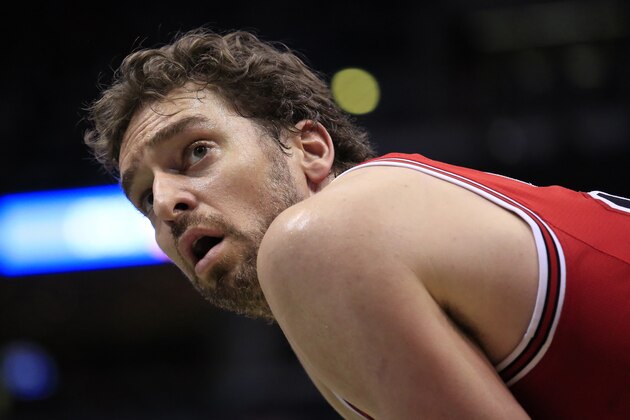 Chicago Bulls center Pau Gasol looks up as the Milwaukee Bucks take a free throw during the second half of an NBA basketball game Sunday, April 3, 2016, in Milwaukee. (AP Photo/Darren Hauck)