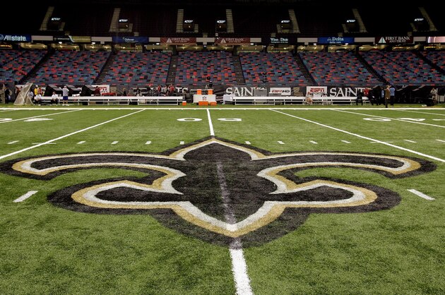 NEW ORLEANS - SEPTEMBER 25:  An interior view of the field showing the New Orleans Saints logo, a fleur-de-lis, in the newly refurbished Superdome prior to the Monday Night Football game between the Atlanta Falcons and the New Orleans Saints on September 25, 2006 at the Superdome in New Orleans, Louisiana.  Tonight's game marks the first time since Hurricane Katrina struck last August, that the Superdome, which served as a temporary shelter to thousands of stranded victims in the wake of Katrina, has played host to an NFL game.  (Photo by Ronald Martinez/Getty Images)