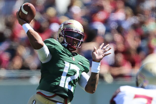 Apr 9, 2016; Orlando, FL, USA; Florida State Seminoles quarterback Deondre Francois (12) throws the ball during the Florida State spring game at the Citrus Bowl. Mandatory Credit: Logan Bowles-USA TODAY Sports