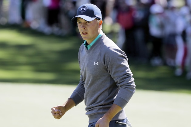 Jordan Spieth reacts after saving par on the sixth hole during the third round of the Masters golf tournament Saturday, April 9, 2016, in Augusta, Ga. (AP Photo/Jae C. Hong)