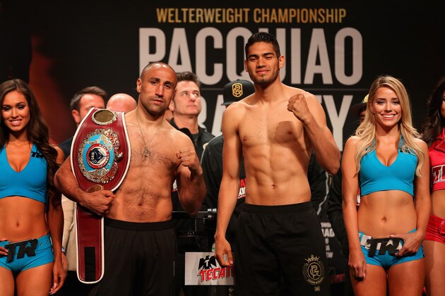 LAS VEGAS, NV - APRIL 08:  (L-R) WBO super middleweight champion Arthur Abraham and Gilberto Ramirez pose during their official weigh-in at MGM Grand Garden Arena on April 8, 2016 in Las Vegas, Nevada. Abraham will defend his title against Ramirez on April 9 in Las Vegas.  (Photo by Christian Petersen/Getty Images)