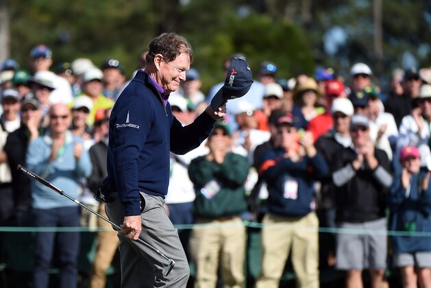 AUGUSTA, GEORGIA - APRIL 08:  Tom Watson of the United States reacts on the 18th green during the second round of the 2016 Masters Tournament at Augusta National Golf Club on April 8, 2016 in Augusta, Georgia.  (Photo by Harry How/Getty Images)