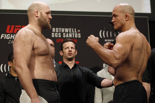 ZAGREB, CROATIA - APRIL 09:  (L-R) Ben Rothwell and Junior Dos Santos face off during the UFC Fight Night weigh-in at the Arena Zagreb on April 9, 2016 in Zagreb, Croatia. (Photo by Srdjan Stevanovic/Zuffa LLC/Zuffa LLC)