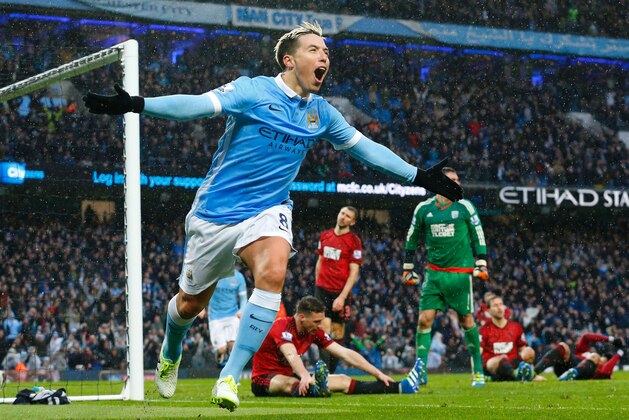 Manchester Citys French midfielder Samir Nasri celebrates after scoring during the English Premier League football match between Manchester City and West Bromwich Albion at the Etihad Stadium in Manchester, north west England, on April 9, 2016. / AFP / LINDSEY PARNABY / RESTRICTED TO EDITORIAL USE. No use with unauthorized audio, video, data, fixture lists, club/league logos or 'live' services. Online in-match use limited to 75 images, no video emulation. No use in betting, games or single club/league/player publications.  /         (Photo credit should read LINDSEY PARNABY/AFP/Getty Images)