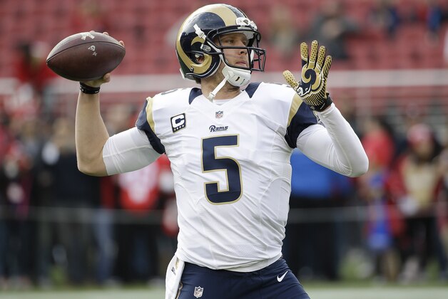 St. Louis Rams quarterback Nick Foles (5) warms up before an NFL football game against the San Francisco 49ers in Santa Clara, Calif., Sunday, Jan. 3, 2016. (AP Photo/Marcio Jose Sanchez)