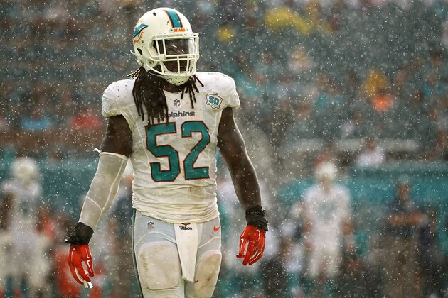 MIAMI GARDENS, FL - DECEMBER 06:  Kelvin Sheppard #52 of the Miami Dolphins looks on during a game against the Baltimore Ravens at Sun Life Stadium on December 6, 2015 in Miami Gardens, Florida.  (Photo by Mike Ehrmann/Getty Images)