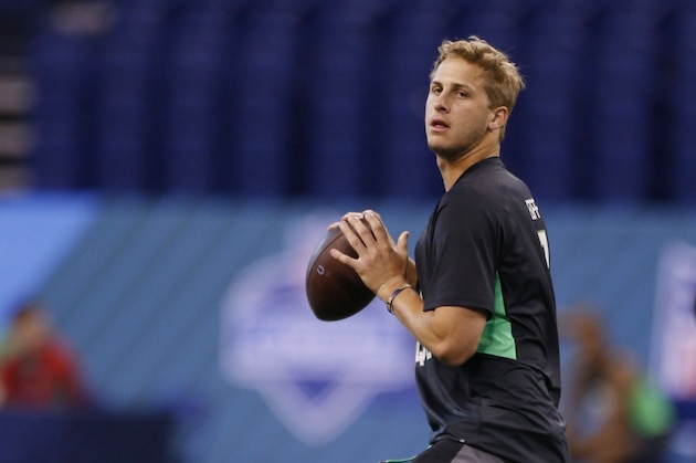 Feb 27, 2016; Indianapolis, IN, USA; California Golden Bears quarterback Jared Goff throws a pass during the 2016 NFL Scouting Combine at Lucas Oil Stadium. Mandatory Credit: Brian Spurlock-USA TODAY Sports
