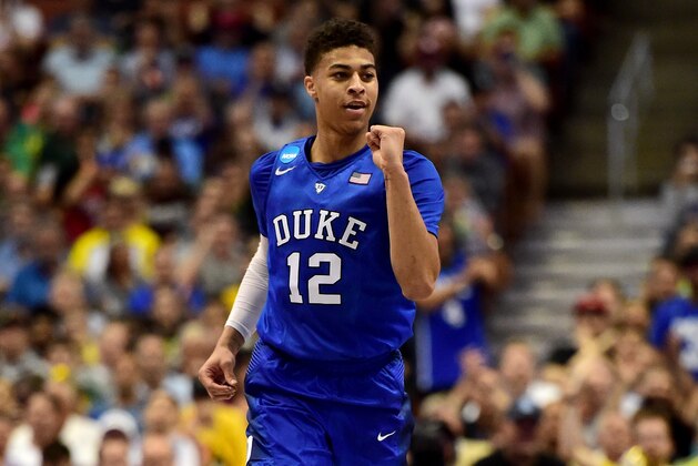 ANAHEIM, CA - MARCH 24:  Derryck Thornton #12 of the Duke Blue Devils reacts in the first half while taking on the Oregon Ducks in the 2016 NCAA Men's Basketball Tournament West Regional at the Honda Center on March 24, 2016 in Anaheim, California.  (Photo by Harry How/Getty Images)