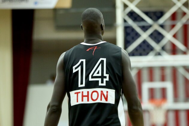 A rear view of Athlete Institute's Thon Maker #14 in action against Findlay College Prep during a high school basketball game in the Hoophall Classic at Springfield College on Saturday, January 16, 2016 in Springfield, MA.  (AP Photo/Gregory Payan)