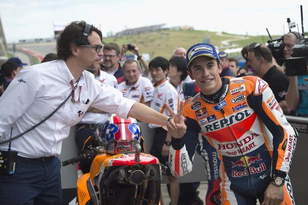 AUSTIN, TEXAS - APRIL 09:  Marc Marquez of Spain and Repsol Honda Team celebrates the pole position at the end of the qualifying practice during the MotoGp Red Bull U.S. Grand Prix of The Americas - Qualifying at Circuit of The Americas on April 9, 2016 in Austin, Texas.  (Photo by Getty Images/Getty Images)