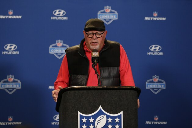 Arizona Cardinals head coach Bruce Arians speaks during a press conference at the NFL football scouting combine in Indianapolis, Wednesday, Feb. 24, 2016. (AP Photo/Michael Conroy)
