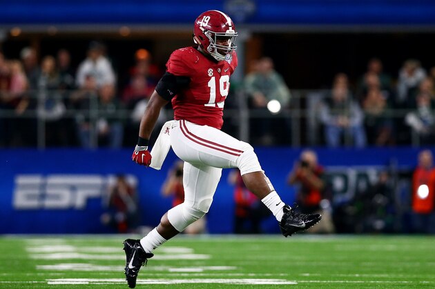 ARLINGTON, TX - DECEMBER 31:  Linebacker Reggie Ragland #19 of the Alabama Crimson Tide reacts after stopping the Michigan State Spartans on third down in the first quarter during the Goodyear Cotton Bowl at AT&T Stadium on December 31, 2015 in Arlington, Texas.  (Photo by Tom Pennington/Getty Images)