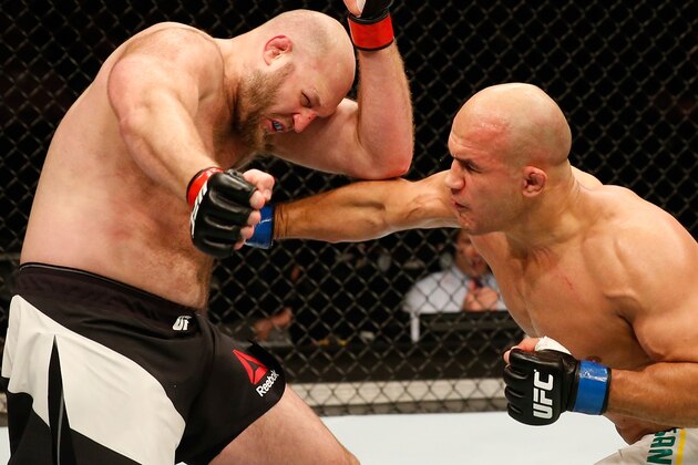 ZAGREB, CROATIA - APRIL 10:   (R-L) Junior Dos Santos punches Ben Rothwell in their heavyweight bout during the UFC Fight Night event at the Arena Zagreb on April 10, 2016 in Zagreb, Croatia. (Photo by Srdjan Stevanovic/Zuffa LLC/Zuffa LLC via Getty Images)