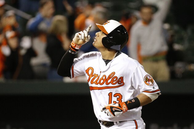 Baltimore Orioles' Manny Machado gestures as he rounds the bases after hitting a solo home run in the sixth inning of a baseball game against the Minnesota Twins in Baltimore, Thursday, April 7, 2016. (AP Photo/Patrick Semansky)