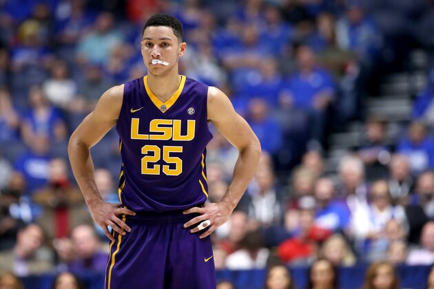 NASHVILLE, TN - MARCH 12:  Ben Simmons #25 of the LSU Tigers stands on the court after being charged with a technical foul in the game against the Texas A&M Aggies during the semifinals of the SEC Tournament at Bridgestone Arena on March 12, 2016 in Nashville, Tennessee.  (Photo by Andy Lyons/Getty Images)
