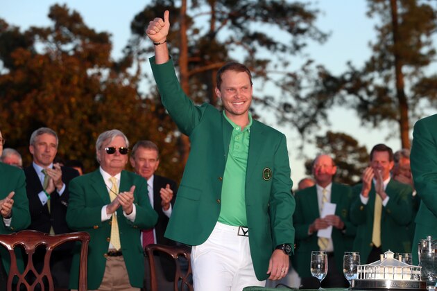 AUGUSTA, GEORGIA - APRIL 10:  Danny Willett of England celebrates with the green jacket after winning the 2016 Masters Tournament at Augusta National Golf Club on April 10, 2016 in Augusta, Georgia.  (Photo by Andrew Redington/Getty Images)