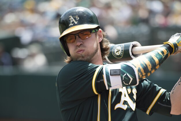 Apr 7, 2016; Oakland, CA, USA; Oakland Athletics right fielder Josh Reddick (22) warms up in the on-deck circle during the first inning against the Chicago White Sox at the Oakland Coliseum. Mandatory Credit: Kenny Karst-USA TODAY Sports