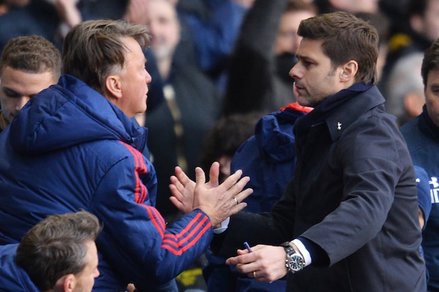Tottenham Hotspur's Argentinian head coach Mauricio Pochettino (R) shakes hands with Manchester United's Dutch manager Louis van Gaal after the English Premier League football match between Tottenham Hotspur and Manchester United at White Hart Lane in London, on April 10, 2016.
Tottenham 3-0. / AFP / GLYN KIRK / RESTRICTED TO EDITORIAL USE. No use with unauthorized audio, video, data, fixture lists, club/league logos or 'live' services. Online in-match use limited to 75 images, no video emulation. No use in betting, games or single club/league/player publications.  /         (Photo credit should read GLYN KIRK/AFP/Getty Images)