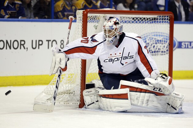 Washington Capitals goalie Braden Holtby defects the puck during the second period of an NHL hockey game against the St. Louis Blues, Saturday, April 9, 2016, in St. Louis. (AP Photo/Jeff Roberson)