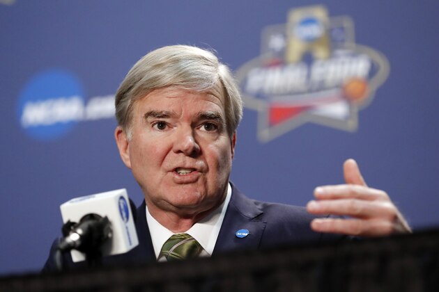 NCAA President Mark Emmert answers questions at a news conference for the NCAA Final Four college basketball tournament Thursday, March 31, 2016, in Houston. (AP Photo/David J. Phillip)