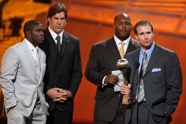 HOLLYWOOD - JULY 11:  New Orleans Saints players Drew Bush (speaking) with teammates Reggie Bush, Scott Fujita and Will Smith accept the award for 'Best Moment' onstage during the 2007 ESPY Awards at the Kodak Theatre on July 11, 2007 in Hollywood, California.  (Photo by Kevin Winter/Getty Images)