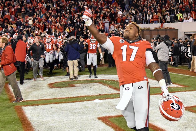 Nov 21, 2015; Athens, GA, USA; Georgia Bulldogs linebacker Davin Bellamy (17) reacts after Georgia defeated the Georgia Southern Eagles during overtime at Sanford Stadium. Georgie defeated Georgia Southern 23-17 in overtime. Mandatory Credit: Dale Zanine-USA TODAY Sports
