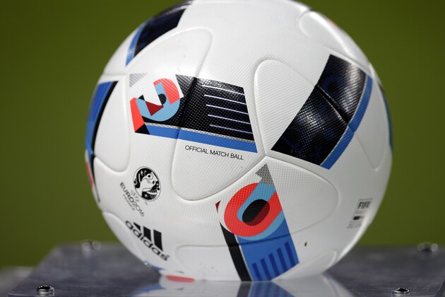 The official Euro 2016 match ball is on display prior to a friendly soccer match between Germany and England in Berlin, Germany, Saturday, March 26, 2016. (AP Photo/Michael Sohn)