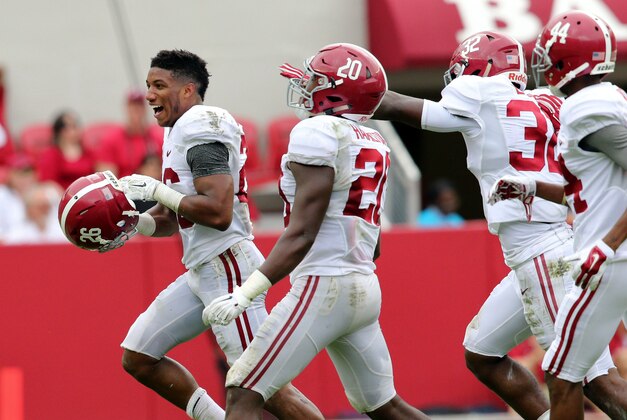 Apr 18, 2015; Tuscaloosa, AL, USA; Alabama Crimson Tide defensive back Marlon Humphrey (26) celebrates after making an interception in the annual A-day game at Bryant Denny Stadium. Mandatory Credit: Marvin Gentry-USA TODAY Sports
