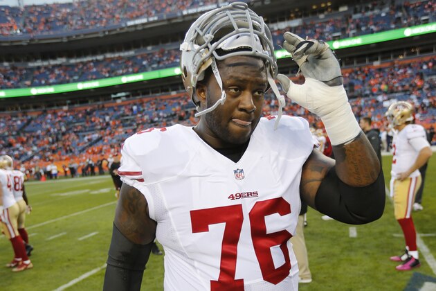 DENVER, CO - OCTOBER 19: Anthony Davis #76 of the San Francisco 49ers stands on the field prior to the game against the Denver Broncos at Sports Authority Field at Mile High on October 19, 2014 in Denver, Colorado. The Broncos defeated the 49ers 42-17. (Photo by Michael Zagaris/San Francisco 49ers/Getty Images)