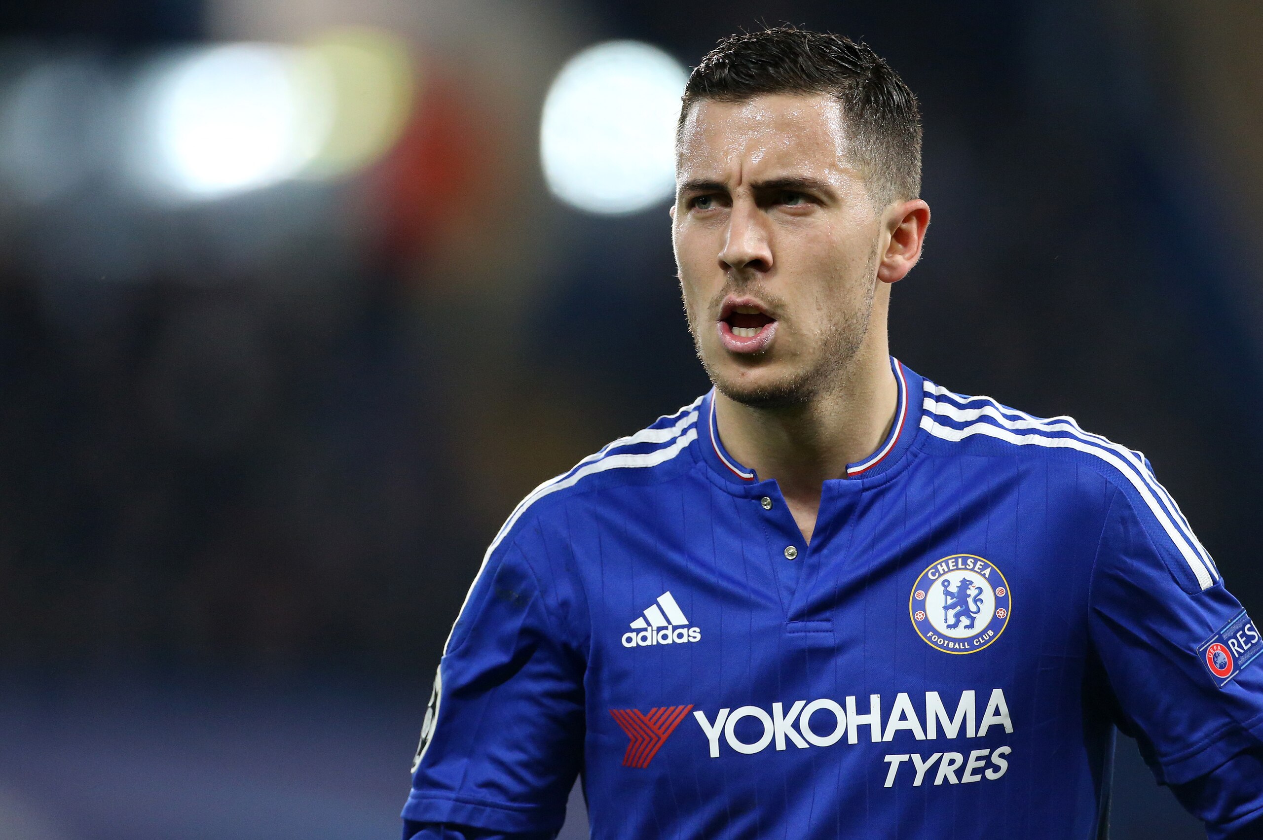 LONDON, ENGLAND - MARCH 9: Eden Hazard of Chelsea looks on during the UEFA Champions League round of 16 second leg match between Chelsea FC and Paris Saint-Germain at Stamford Bridge stadium on March 9, 2016 in London, England. (Photo by Jean Catuffe/Getty Images)