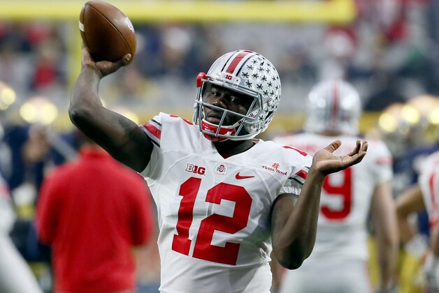 Ohio State quarterback Cardale Jones (12) warms up prior to the Fiesta Bowl NCAA College football game against Notre Dame, Friday, Jan. 1, 2016, in Glendale, Ariz.  (AP Photo/Matt York)