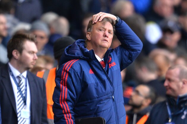 Manchester United's Dutch manager Louis van Gaal leaves the pitch after losing the English Premier League football match between Tottenham Hotspur and Manchester United at White Hart Lane in London, on April 10, 2016. 
Tottenham won 3-0. / AFP / GLYN KIRK / RESTRICTED TO EDITORIAL USE. No use with unauthorized audio, video, data, fixture lists, club/league logos or 'live' services. Online in-match use limited to 75 images, no video emulation. No use in betting, games or single club/league/player publications.  /         (Photo credit should read GLYN KIRK/AFP/Getty Images)