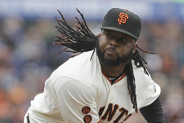 San Francisco Giants pitcher Johnny Cueto works against the Los Angeles Dodgers in the first inning of a baseball game Sunday, April 10, 2016, in San Francisco. (AP Photo/Ben Margot)