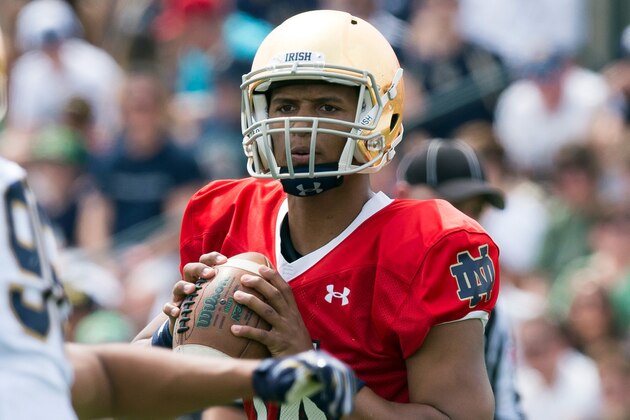 Apr 18, 2015; Notre Dame, IN, USA; Notre Dame Fighting Irish quarterback DeShone Kizer (14) looks to throw in the fourth quarter of the Blue-Gold Game at the LaBar Practice Complex. Mandatory Credit: Matt Cashore-USA TODAY Sports